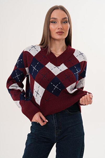 ŞİMAL Women's V-Neck Baklava Pattern Knitwear Knitted Sweater 255189 -