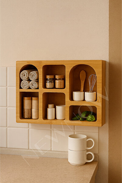 NEWNOW Wall&Desk Bambu Raf – Duvara Monte Edilebilir Çok Gözlü Mutfak & Dekoratif Organizer (40×28 cm)