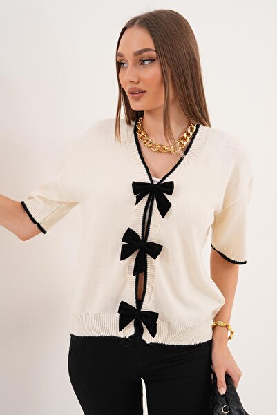 ŞİMAL Women's Bow Detailed Knitwear Knitted Short Sleeve Sweater 255179 -