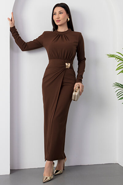 PULLIMM Crew Neck Long Sleeve Buckled Crepe Dress Grs3855