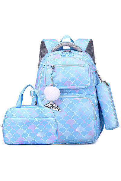 NO BRAND حقيبة ظهر مدرسية ابتدائية، طقم من 3 قطع، 32×20×46 سم، أزرق