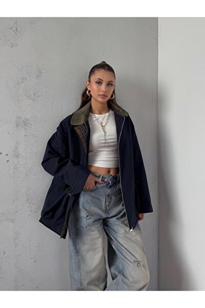 OYKUWEAR Elvar Yakası Kadife Detay Ekose Astarlı Lacivert Ceket