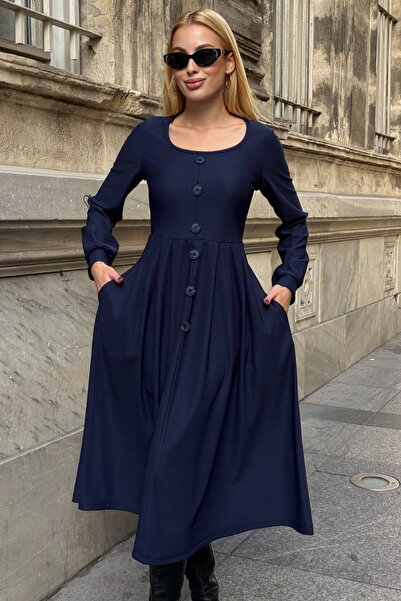 VAGGON Women's Navy Blue Button Detailed Round Neck Pleated Ottoman Dress Vs01649