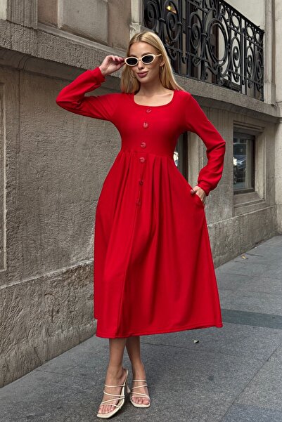 VAGGON Women's Red Button Detailed Round Neck Pleated Ottoman Dress Vs01649