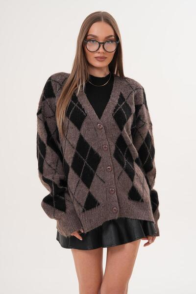 ŞİMAL Women's Diamond Pattern Button Closure Knitwear Knitted Cardigan 255443 -