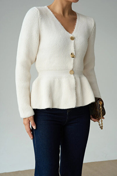 cemo Knitted Peplum Cardigan with Gold Button Detail