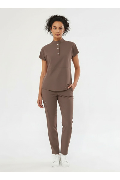 Class Üniforma Nova - Καφέ Γυναικεία Φόρμα Νοσοκόμας και Ιατρική Φόρμα με ελαστικό ύφασμα Κουμπώματα με Μισό Κορδόνι