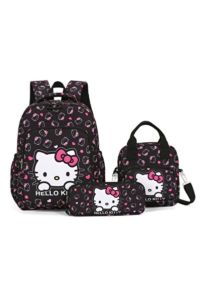 NO BRAND حقيبة ظهر للطلاب من هالو كيتي، مجموعة من 3 قطع، لون أسود