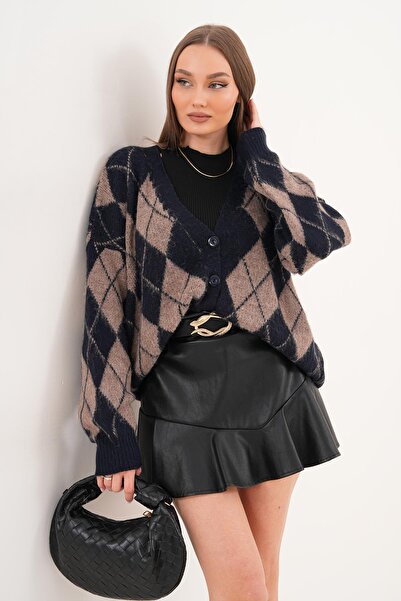 ŞİMAL Women's Diamond Pattern Button Closure Knitwear Knitted Cardigan 255443 -