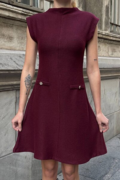 SEVENLINE Women's Mock Neck Gold Button Pocket Detailed Sleeveless Mini Knitw...