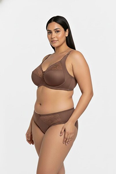 enmodaiçgiyim Καφέ Σουτιέν Μεγάλου Μεγέθους C Balconette Lace εφέ σύσφιξης – Πλήρης κάλυψη, Υψηλή Στήριξη, Φαρδύ λουράκι