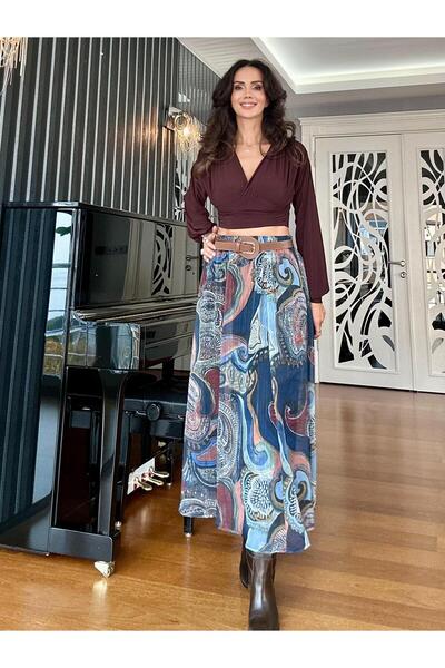 Atelier Derin Μπλε καφέ φούστα σιφόν με ζώνη