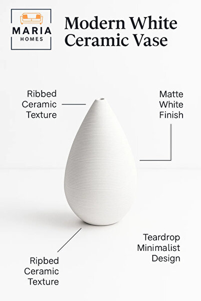 MARIA HOMES Modern White Decorative Vase – Teardrop Ceramic Table Vase for Home and Office Decor