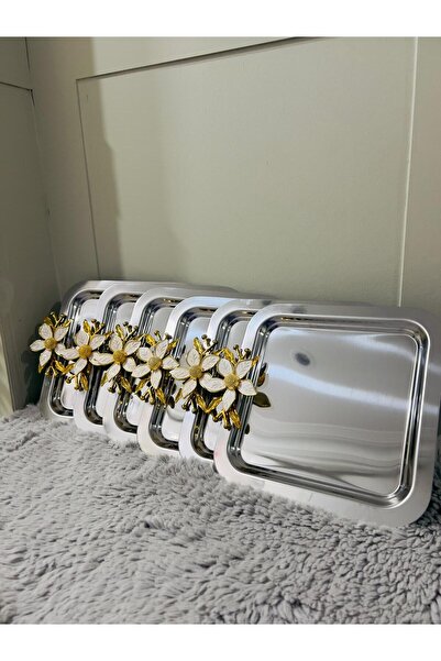 Genel Markalar 6'Lı Paslanmaz Çelik Papatya Aksesuarlı Kahve Sunum & Servis & İkramlık Tepsisi