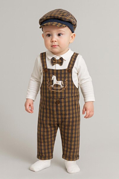 Chicsy Baby Baby Boy Plaid Patterned Hat and Salopet Set with White Bodysuit