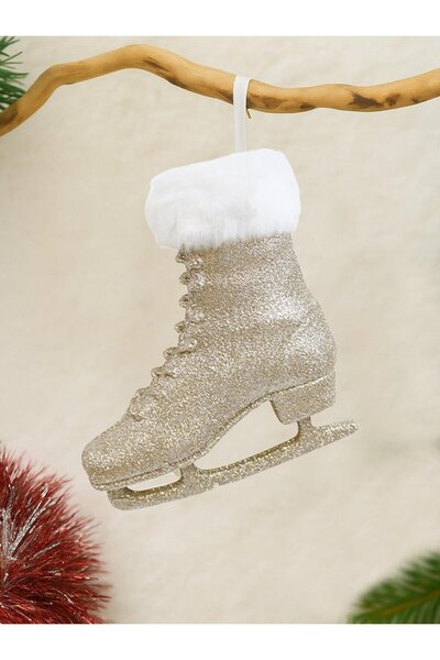 Astaş Yılbaşı Ağacı Süsü Altın Simli Kürk Detaylı Paten Dekoratif Süs 17 cm