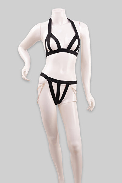 Midnight Fantasy Black Strappy Lingerie Set with Chains
