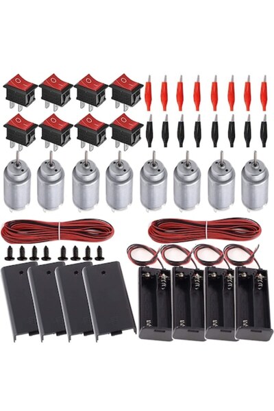 LET Set of 8 DC motors 1.56V, 1500016000 RPM with battery holders, clips, wires and switches