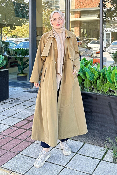 Ovn. Lyon Beli Büzgülü Tam Boy Trençkot - Yağ Yeşili