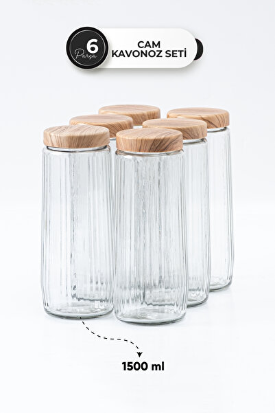 Homekolik Set of 6 Glass Storage Containers with Wooden Lid Look - 1500 ml - Dry Food & Kitchen Organization Jar Set