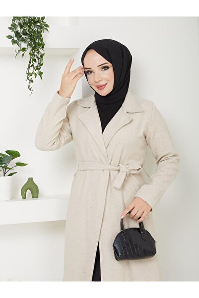 ışık tesettur Standard Sleeve with Pocket Detail Without Lining, 110 cm Length, Cashmere Coat