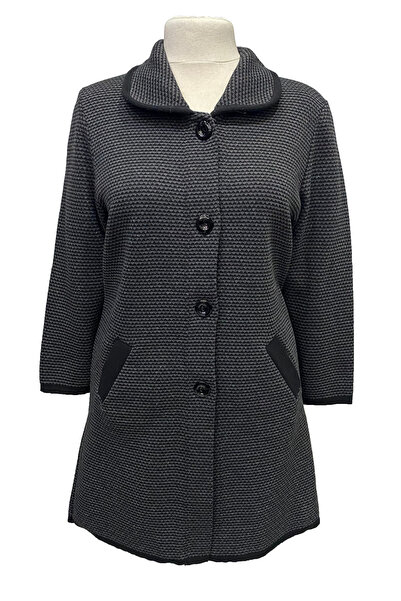 Giyinen Mağazaları Selda Turn-Down Collar Geometric Pattern Buttoned Double Pocket Winter Cardigan