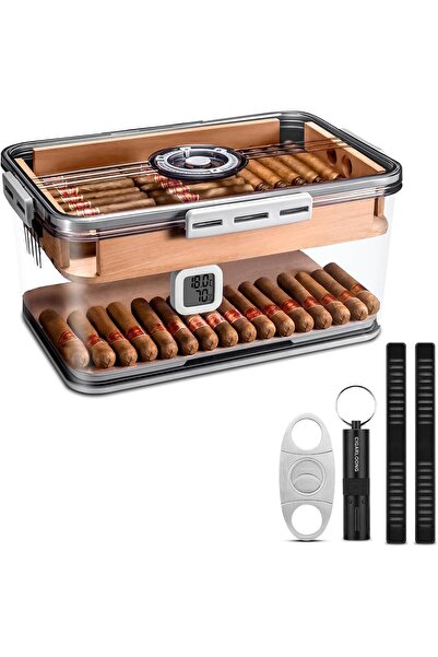 CIGARLOONG صندوق مرطب سيجار يتسع لـ ١٠٠ سيجار مع صينية من خشب الأرز، وجهازين للترطيب، ومقياس رطوبة، وقاطع، وأداة لتقطيع السيجار
