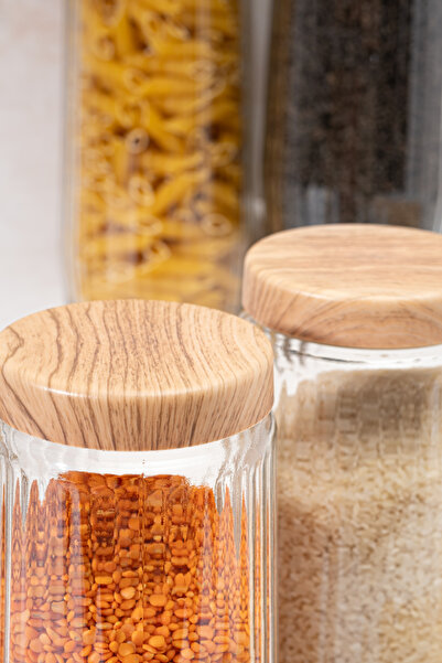 Homekolik Set of 6 Glass Storage Containers with Wooden Lid Look - 1500 ml - Dry Food & Kitchen Organization Jar Set