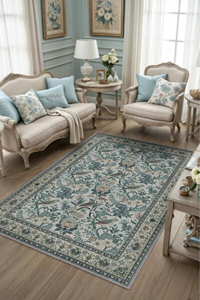 Homshtag Çiçek Ve Kuş Motifli Geleneksel Bordürlü Çiçekli Salon Halısı, Makin...