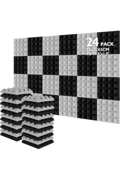 AGPTEK Set de 24 panouri acustice din spumă fonoabsorbantă 25x25x5 cm, negru și gri
