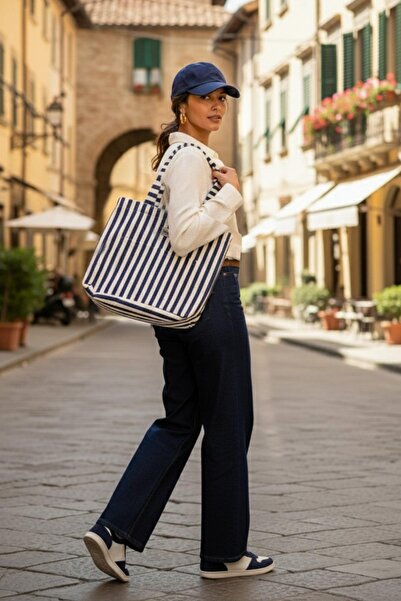 Bagg Geantă cu dungi albastre din material tip stofă