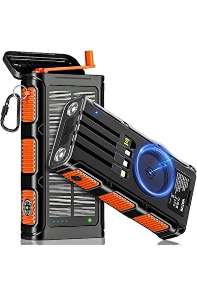 wastde Solar Power Bank, 26800 mAh, Wireless QI Charging, LED Flashlight, Compass, Carabiner, Ideal