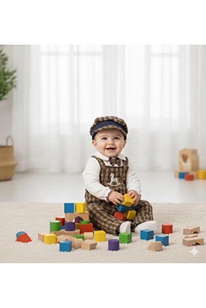 Chicsy Baby Baby Boy Plaid Patterned Hat and Salopet Set with White Bodysuit