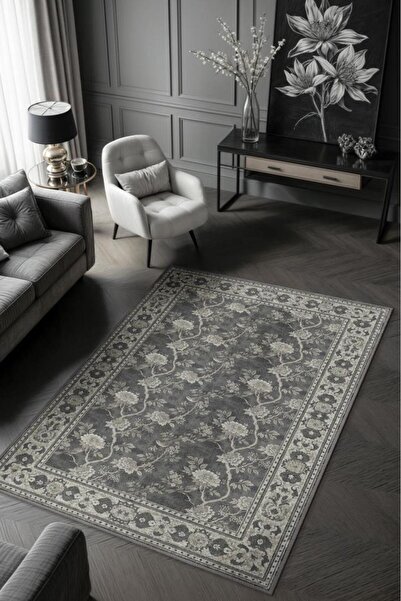 Gothic Decor Style Floral Grey Bedroom Rug, Washable Grey Living Room Rug