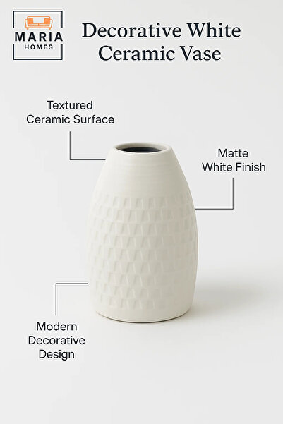 MARIA HOMES Modern White Decorative Vase – Textured Ceramic Table Vase for Home & Office Decor
