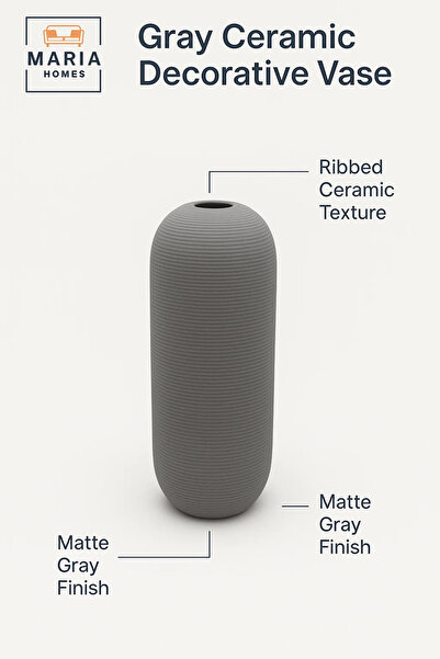 MARIA HOMES Modern Grey Decorative Vase – Tall Ceramic Table Vase for Home and Office Decor