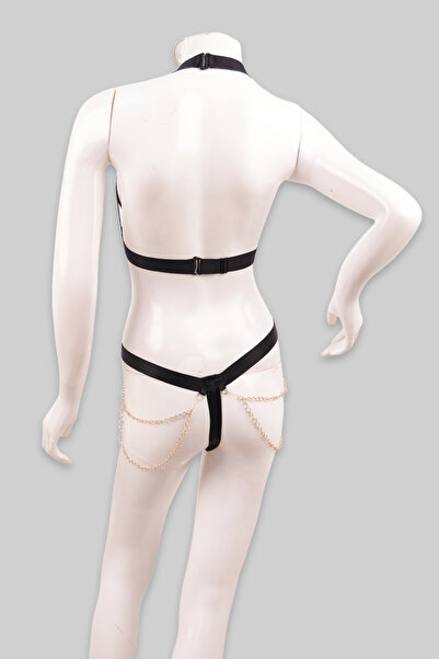 Midnight Fantasy Black Strappy Lingerie Set with Chains