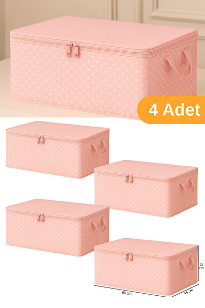 Serstil 4 Adet -Pembe Puantiyeli Büyük Boy Baza Altı Ve Çekyat Tipi Hurç 65 x 45 x 22 cm