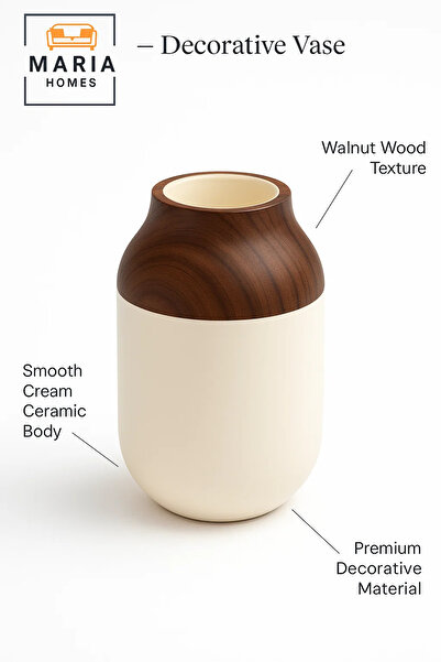 MARIA HOMES Modern Decorative Vase – Ceramic Flower Vase – Wood-Effect Home Decor Accessory