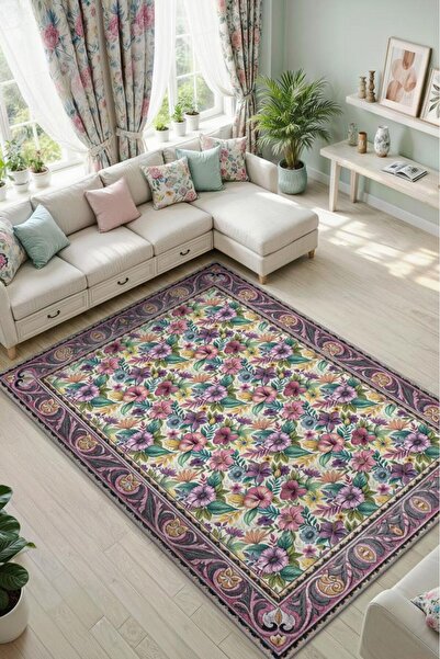 Homshtag Pembe Ve Mor Çiçek Desenli Salon Halısı, Bordürlü Geleneksel Halı, Y...