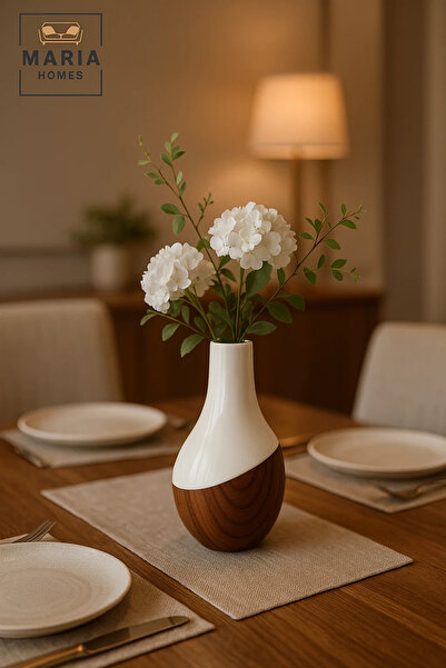 MARIA HOMES Modern Decorative Vase – Ceramic Flower Vase – Wood-Effect Home Decor Accessory