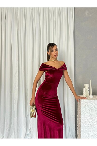 Nesil Omzu Open Bow Look Backless Slit Long Women's Scarlet Dress