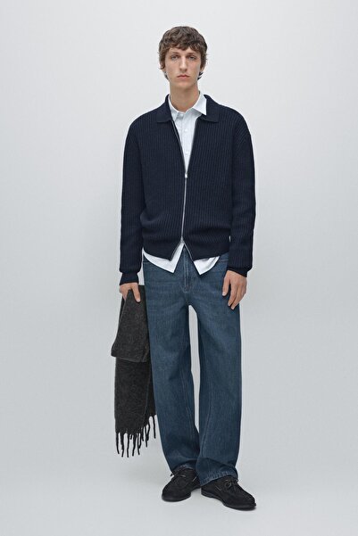 Massimo Dutti Fermuarlı fitilli triko pamuklu yün hırka