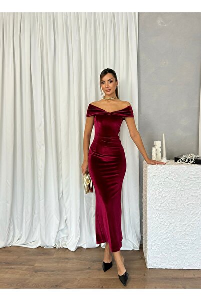 Nesil Omzu Open Bow Look Backless Slit Long Women's Scarlet Dress