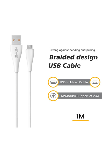 Vidvie CB427B Micro USB Charging Cable 1M Length 2.4A Output Durable TPE Design White Cable DevicesX