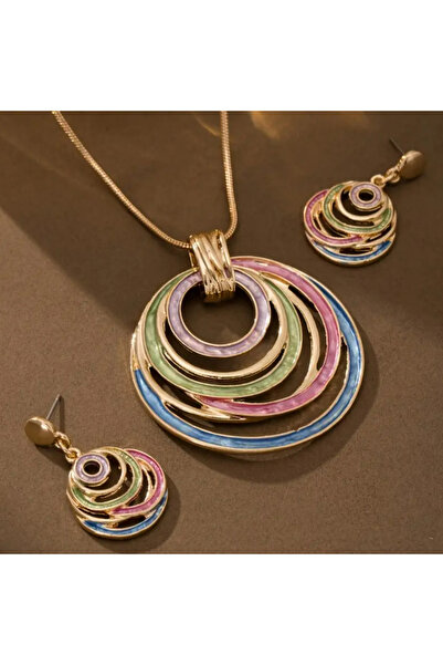 set.up ALTIN KAPLAMA İKİLİ TAKIM RENKLİ MİNELİ KOLYE KÜPE SET