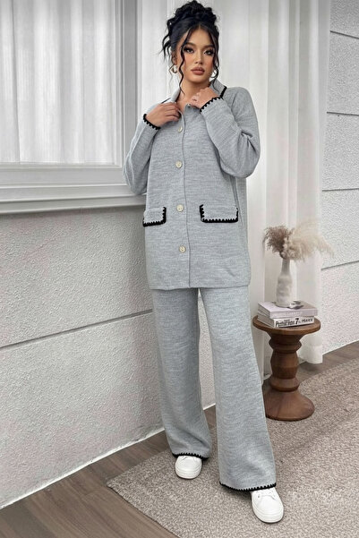 STF MODA Women's Buttoned Jacket and Pants Shepherd Stitch Knitwear Set Ecru - Gray