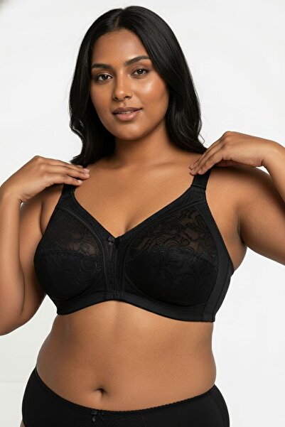 enmodaiçgiyim Γυναικείο Μαύρο Σουτιέν Μεγάλο Μέγεθος εφέ σύσφιξης Minimizer Χωρίς Σφουγγάρια Χωρίς Στήθος Σουτιέν με φαρδύ λουράκι με δαντέλα