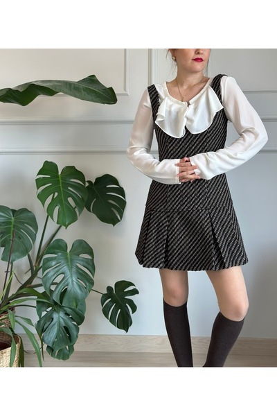 Quzu Kahverengi Ekose Desenli Kalın Kumaş Pileli Kalın Askılı Elbise