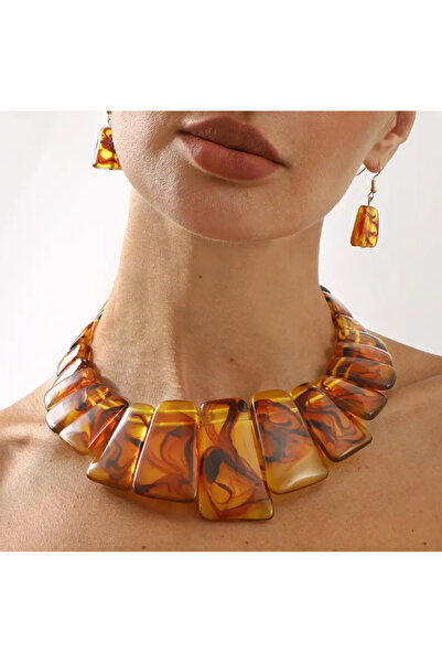 set.up Amber Color Glass Model Natural Stone Necklace Earring Set